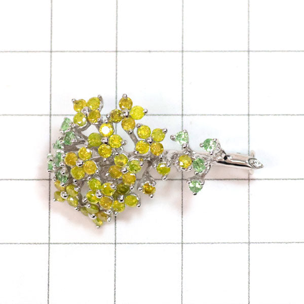 K18WG トリートイエローダイヤモンド グリーンガーネット ブローチ TYD1.40ct GG0.30ct 花束 フラワー