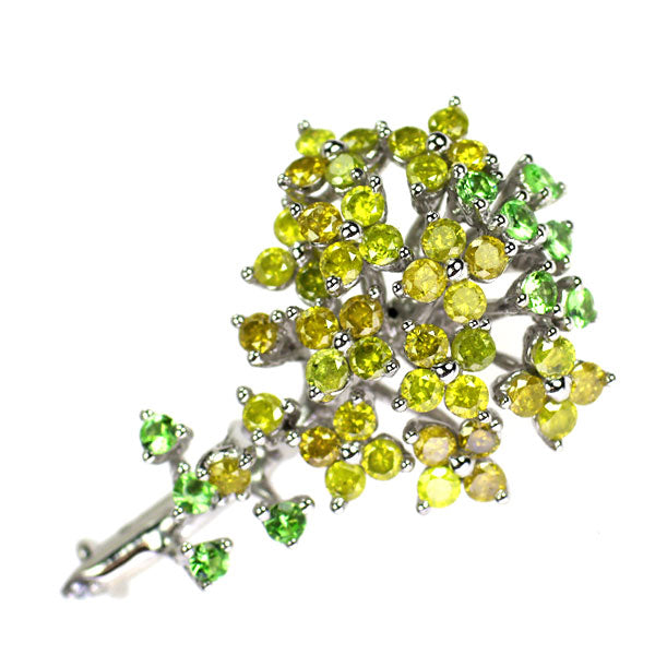 K18WG トリートイエローダイヤモンド グリーンガーネット ブローチ TYD1.40ct GG0.30ct 花束 フラワー