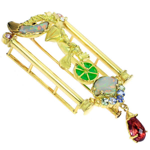 K18YG 翡翠 サファイア オパール ピンクトルマリン ダイヤ ブローチ兼ペンダントトップ 0.56ct S0.80ct OP2.21ct T1.55ct D0.02ct