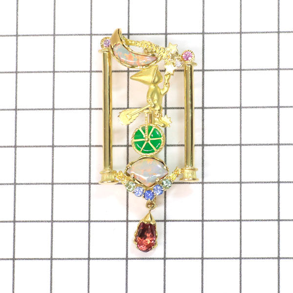 K18YG 翡翠 サファイア オパール ピンクトルマリン ダイヤ ブローチ兼ペンダントトップ 0.56ct S0.80ct OP2.21ct T1.55ct D0.02ct