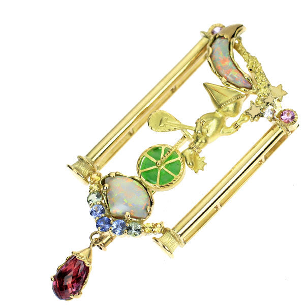 K18YG 翡翠 サファイア オパール ピンクトルマリン ダイヤ ブローチ兼ペンダントトップ 0.56ct S0.80ct OP2.21ct T1.55ct D0.02ct