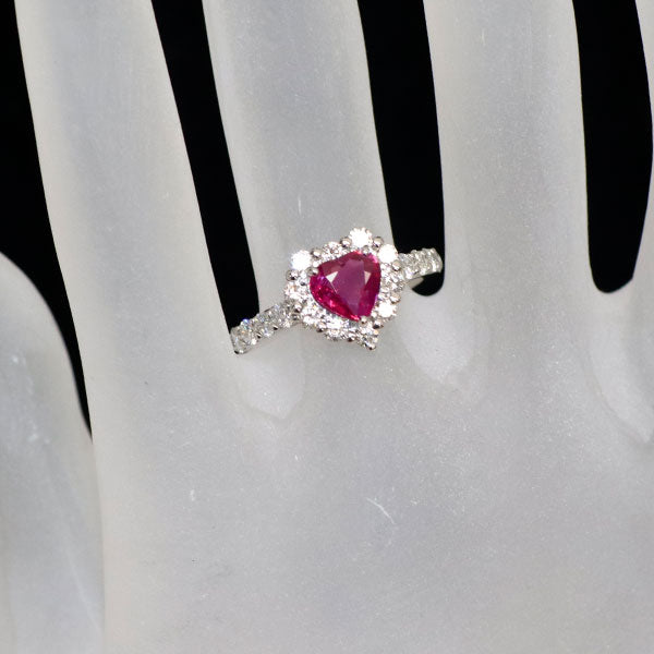 新品 Pt950 ハートシェイプ 非加熱 ピジョンブラッドルビー ダイヤモンド リング 1.15ct D0.76ct【エスコレ】