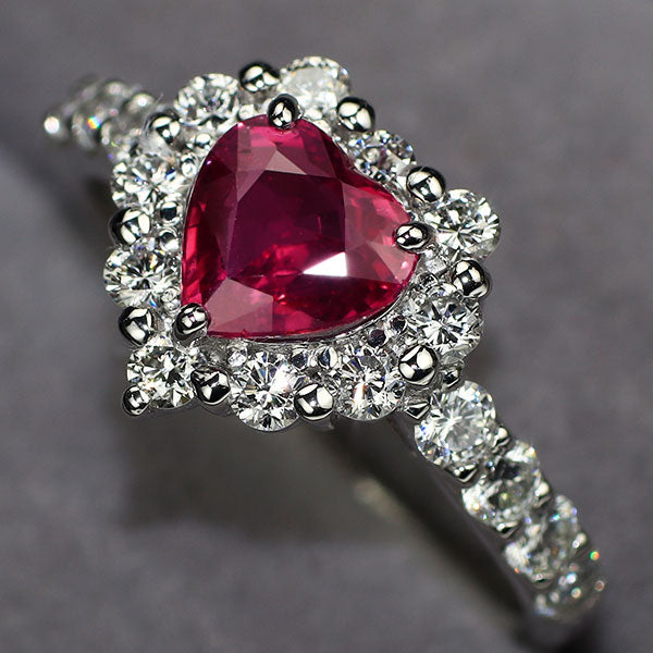 新品 Pt950 ハートシェイプ 非加熱 ピジョンブラッドルビー ダイヤモンド リング 1.15ct D0.76ct【エスコレ】