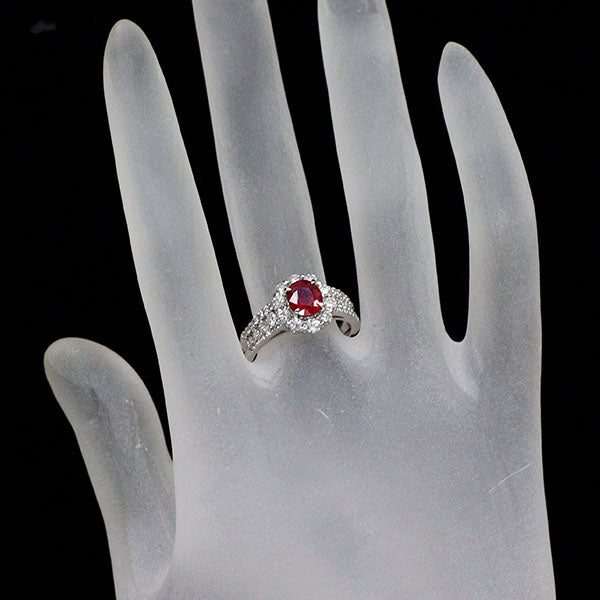 Pt900 ビルマ産 ピジョンブラッド ルビー ダイヤモンド リング 1.12ct D0.89ct