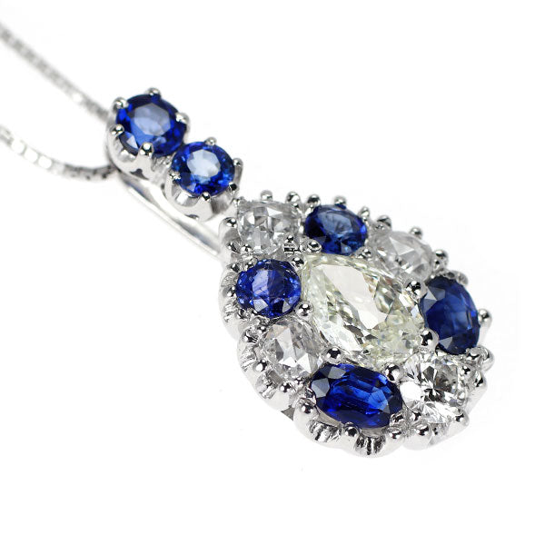 K18WG ペアシェイプ ダイヤモンド サファイア ペンダントネックレス 0.761ct K SI2 S1.30ct D0.48ct