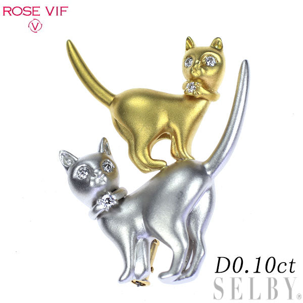 ローズヴィフ K18YG/WG ダイヤモンド ブローチ 0.10ct 猫
