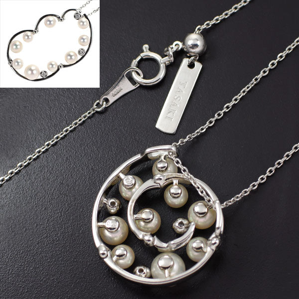 田崎真珠 K18WG アコヤ真珠 ダイヤモンド ペンダントネックレス 径約3.7-5.3mm 3WAY