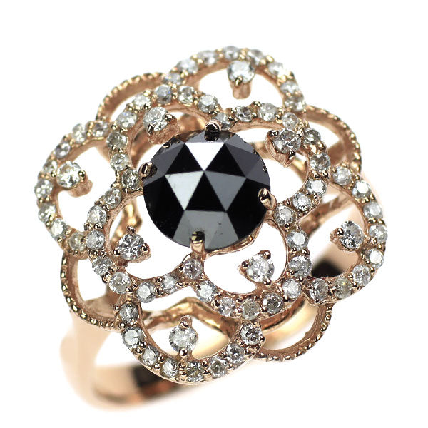 K18PG ブラックダイヤモンド リング 0.95ct D0.34ct フラワー