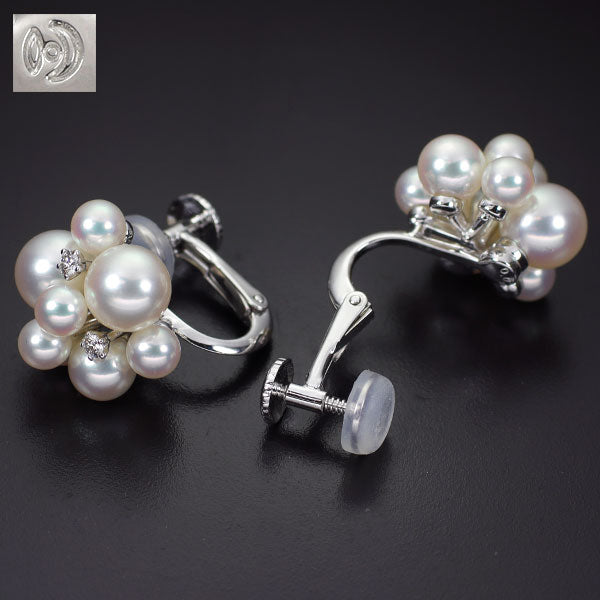 田崎真珠 K18WG アコヤ 真珠/パール ダイヤモンド イヤリング D0.08ct 径約3.9-6.5mm
