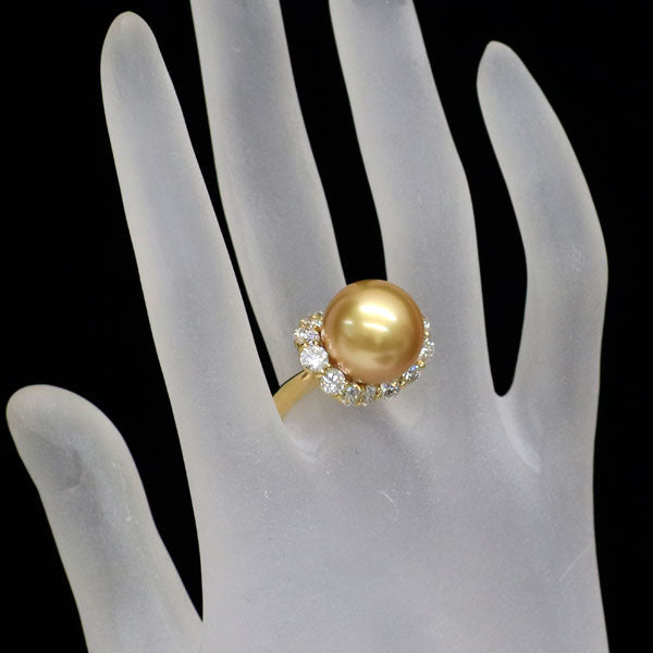 K18YG オーロラ茶金 真珠 ダイヤモンド リング 径約14.3mm D2.45ct