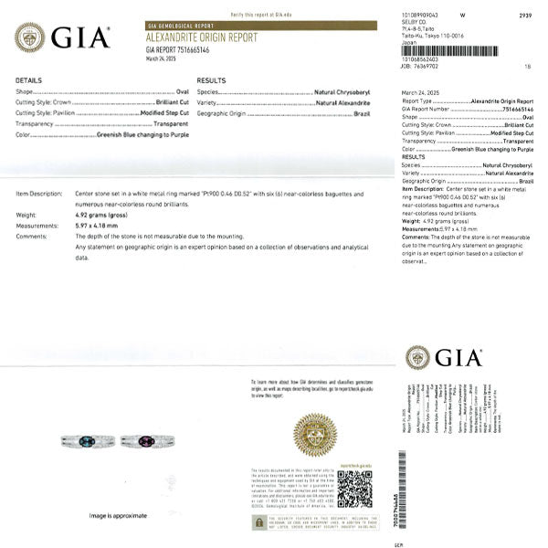 希少 Pt900 ブラジル産 アレキサンドライト ダイヤモンド リング 0.46ct D0.52ct