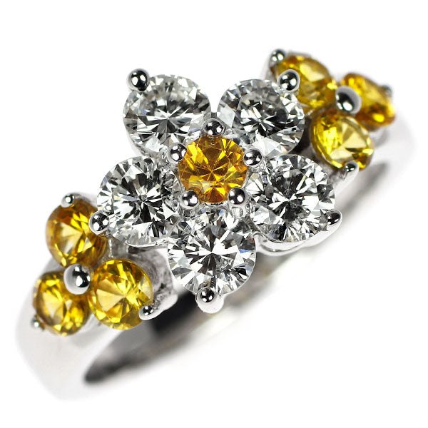 K18WG イエローサファイア ダイヤモンド リング 0.94ct D1.015ct フラワー