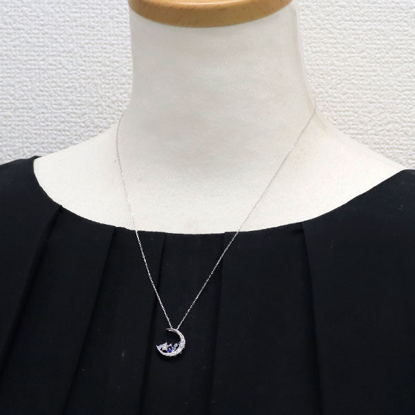 K18WG ダイヤモンド サファイア ブルートパーズ ペンダントネックレス 0.35 S0.06ct BT0.06ct 月