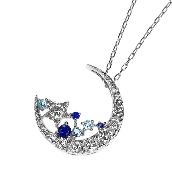 K18WG ダイヤモンド サファイア ブルートパーズ ペンダントネックレス 0.35 S0.06ct BT0.06ct 月