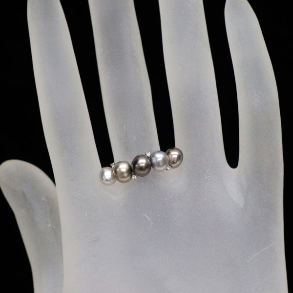 K18WG オーバル/セミバロック黒蝶 マルチカラー真珠/パール ダイヤモンド リング D0.02ct