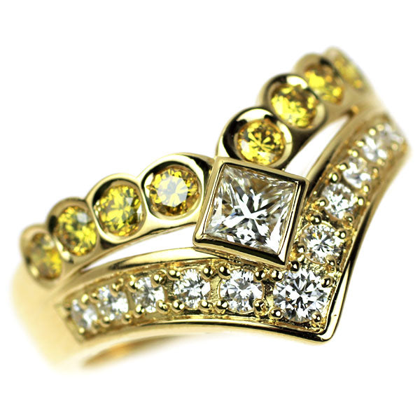 ポーラ K18YG プリンセスカット / ラウンドブリリアントカット カラーレス / イエローダイヤモンド リング 0.57ct YD0.32ct