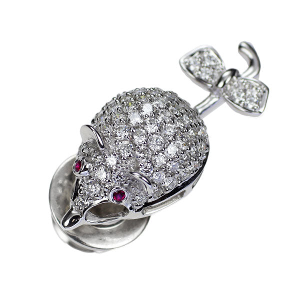 クイーン K18WG ルビー ダイヤモンド ピンブローチ D0.85ct ネズミ