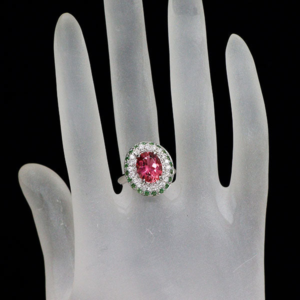 Pt900 ピンクトルマリン グリーンガーネット ダイヤモンド リング 2.57ct G0.555ct D0.63ct