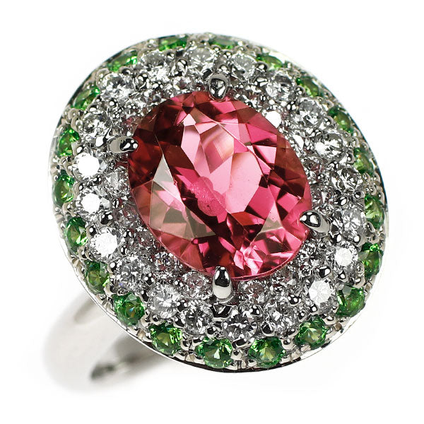 Pt900 ピンクトルマリン グリーンガーネット ダイヤモンド リング 2.57ct G0.555ct D0.63ct