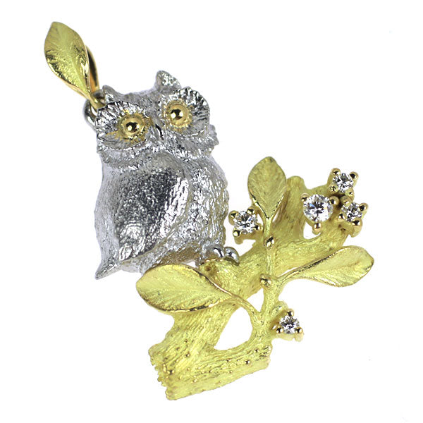 Pt900/ K18YG ダイヤモンド ペンダントトップ 0.08ct フクロウ