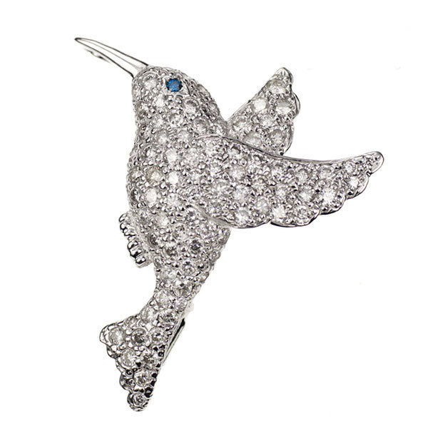 K18WG/K14WG カラーレス/トリートブルー ダイヤモンド ブローチ 兼ペンダントトップ 1.00ct 鳥