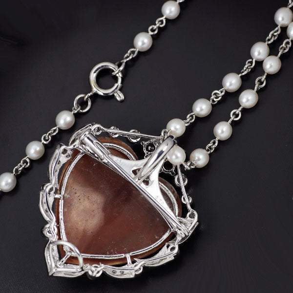 K18WG シェルカメオ/ベビーパール ルビー  ダイヤモンド ペンダントネックレス兼ブローチ R0.52ct D0.78ct