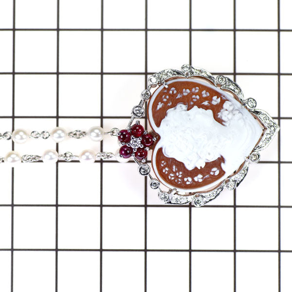 K18WG シェルカメオ/ベビーパール ルビー  ダイヤモンド ペンダントネックレス兼ブローチ R0.52ct D0.78ct