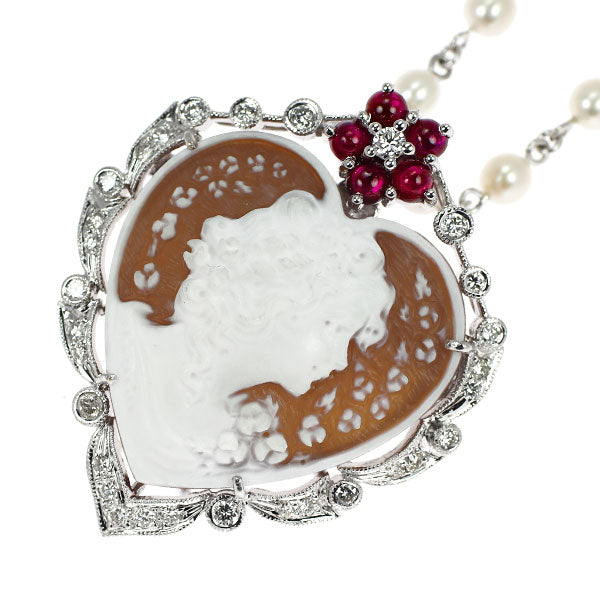 K18WG シェルカメオ/ベビーパール ルビー  ダイヤモンド ペンダントネックレス兼ブローチ R0.52ct D0.78ct