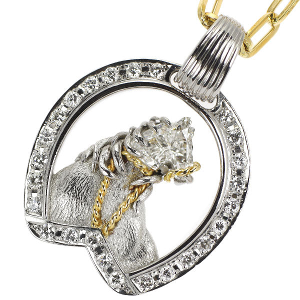 希少 Pt900/K18YG ホースヘッドカット ダイヤモンド ペンダントネックレス 0.90ct D0.50ct 馬蹄