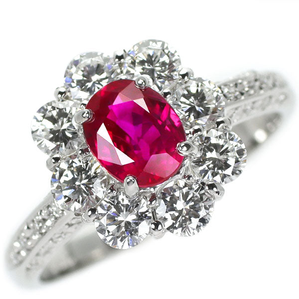 Pt900 ビルマ産 ルビー ダイヤモンド リング 1.10ct D1.08ct フラワー
