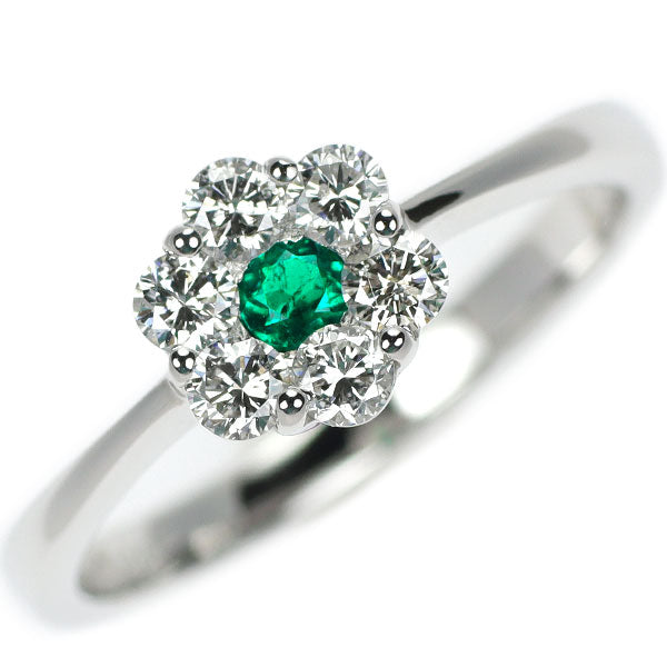 K18WG エメラルド ダイヤモンド リング 0.06ct D0.38ct フラワー