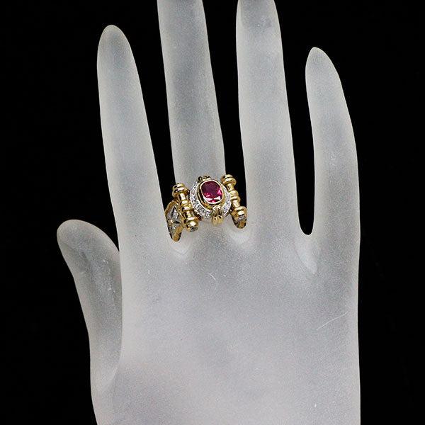 K18YG/ Pt900 ルビー ダイヤモンド リング 1.34ct D0.74ct フィレンツェ彫