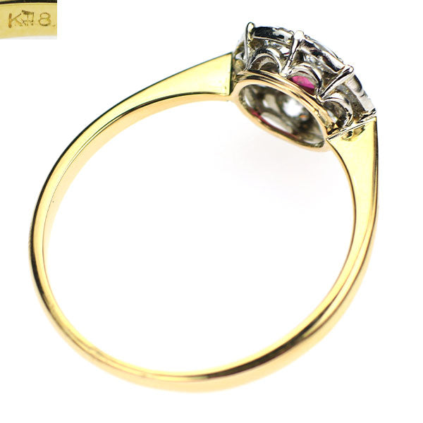 Pt850/K18 合成 ルビー オールドカットダイヤモンド リング クラスター  