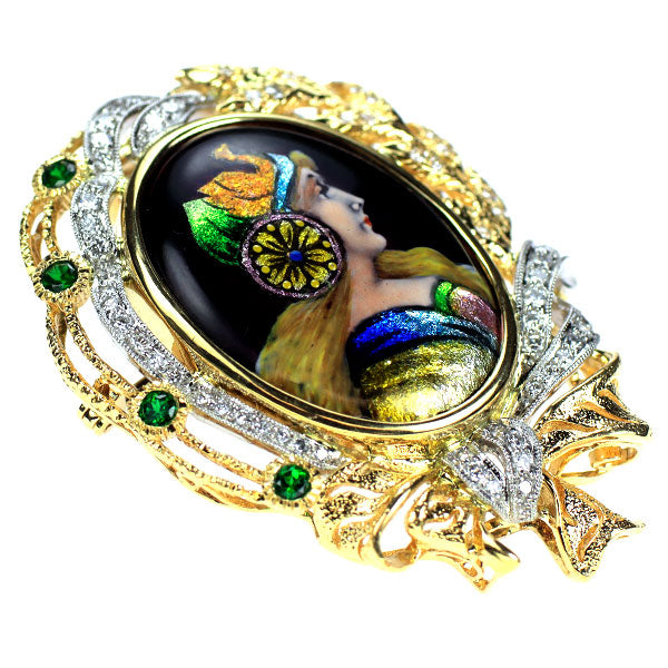 梶光夫 エマイユ/ K18YG/Pt900 グリーンガーネット ダイヤモンド ブローチ兼ペンダントトップ 0.33ct D0.74ct