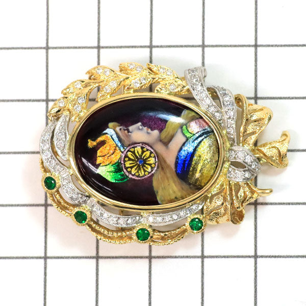 梶光夫 エマイユ/ K18YG/Pt900 グリーンガーネット ダイヤモンド ブローチ兼ペンダントトップ 0.33ct D0.74ct