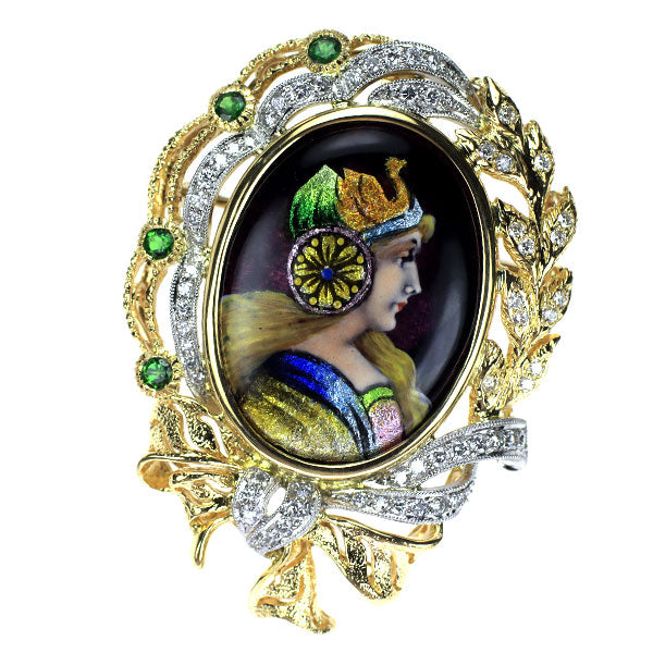 梶光夫 エマイユ/ K18YG/Pt900 グリーンガーネット ダイヤモンド ブローチ兼ペンダントトップ 0.33ct D0.74ct