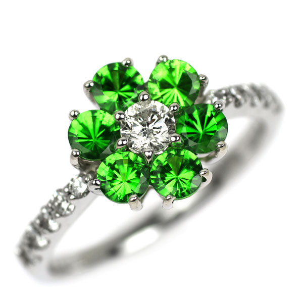 K18WG グロッシュラーライト ガーネット ダイヤモンド リング 0.92 D0.40ct フラワー