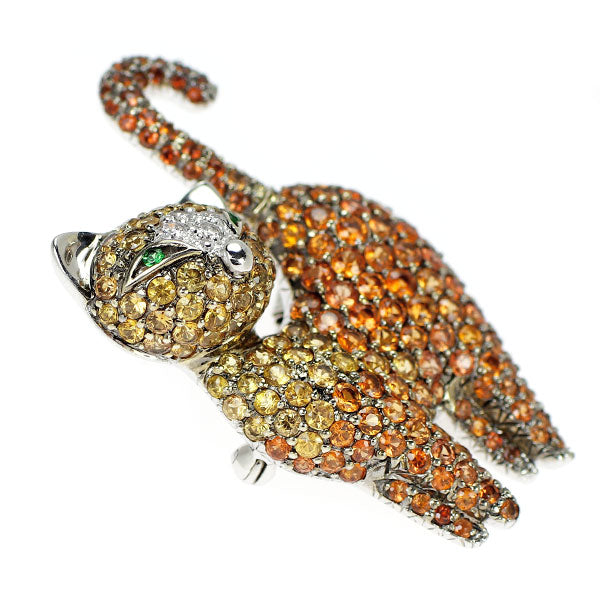 K18WG カラーサファイア グリーンガーネット ダイヤモンド ブローチ兼ペンダントトップ 4.36ct D0.08ct 猫