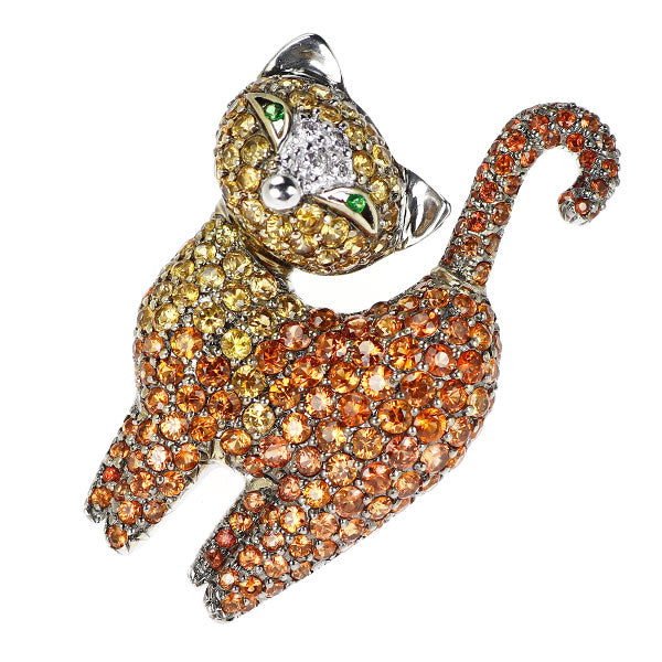 K18WG カラーサファイア グリーンガーネット ダイヤモンド ブローチ兼ペンダントトップ 4.36ct D0.08ct 猫