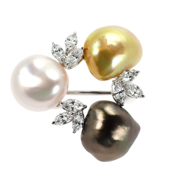 ミキモト K18WG マルチカラー白蝶/黒蝶 真珠 ダイヤモンド ブローチ D0.69ct