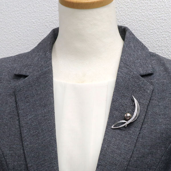 ミキモト K18WG 黒蝶真珠 ダイヤモンド ブローチ 径約11.4mm D0.62ct