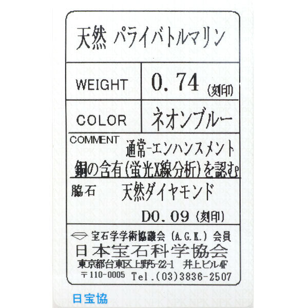 Pt パライバトルマリン ダイヤモンド ペンダントネックレス 0.74ct D0.09ct
