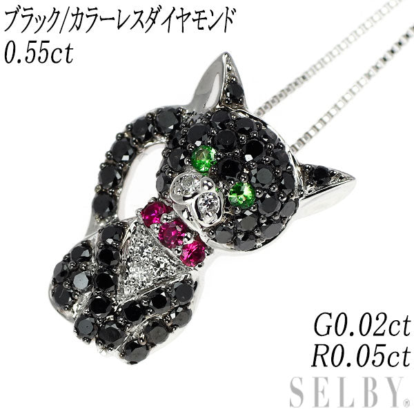 K18WG ブラック/カラーレスダイヤモンド グリーンガーネット ルビー ペンダントネックレス 0.55ct G0.02ct R0.05ct 猫