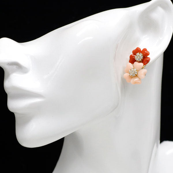 K18YG 珊瑚 ダイヤモンド ピアス D0.82ct フラワー — セルビー K18YG 珊瑚 ダイヤモンド ピアス D0.82ct フラワー — セルビー