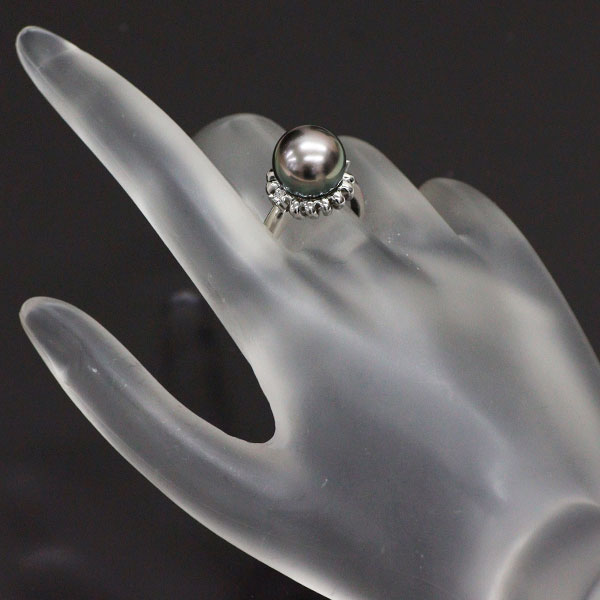 田崎真珠 Pt900 黒蝶真珠 ダイヤモンド リング 径約11.4mm D0.07ct