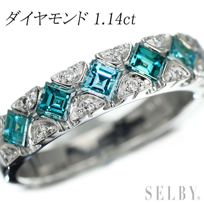 K18WG スクエアカットトリートブルー/ラウンド ダイヤモンド リング D1.14ct