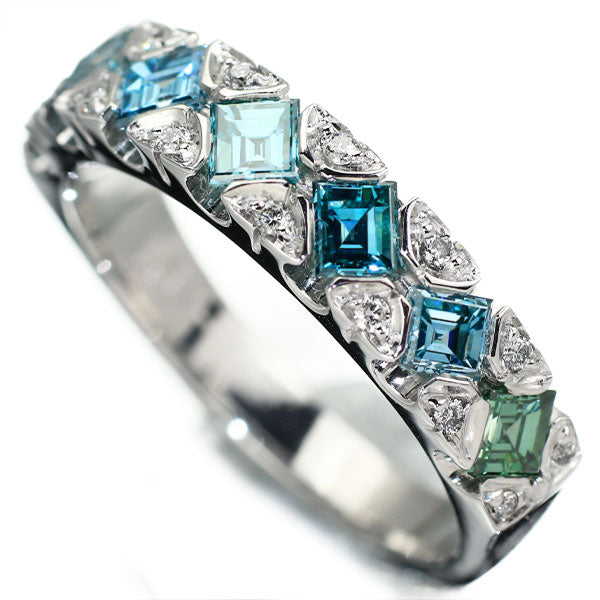 K18WG スクエアカットトリートブルー/ラウンド ダイヤモンド リング D1.14ct