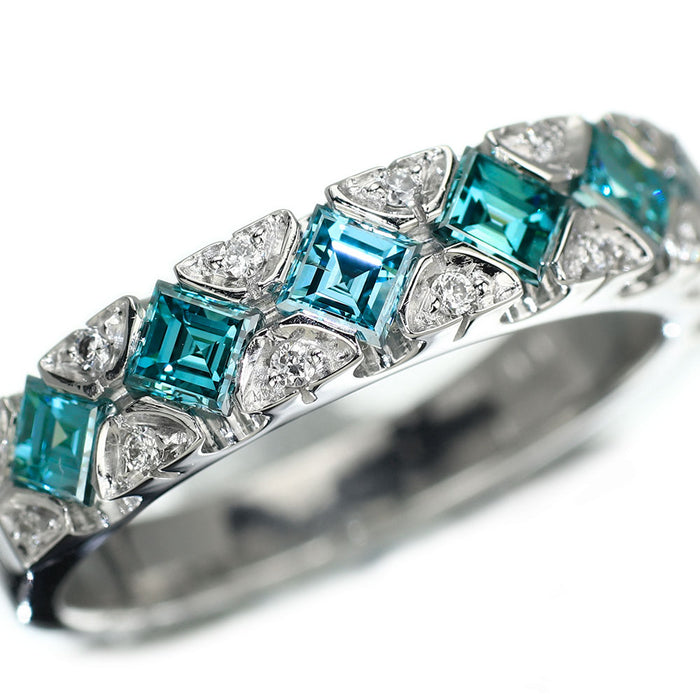 K18WG スクエアカットトリートブルー/ラウンド ダイヤモンド リング D1.14ct