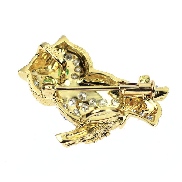 K18YG/WG エメラルド ダイヤモンド ブローチ兼ペンダントトップ 0.04ct D0.35ct ふくろう