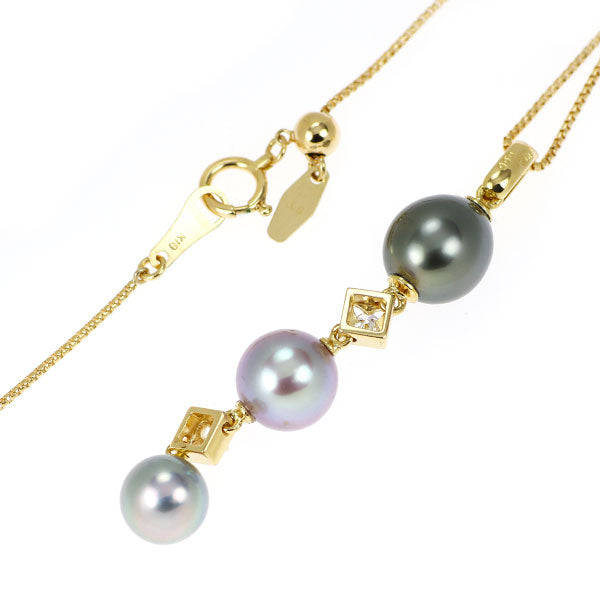 K18YG アコヤ/淡水/黒蝶 真珠 ダイヤモンド ペンダントネックレス 径約7.2-8.6mm D0.06ct
